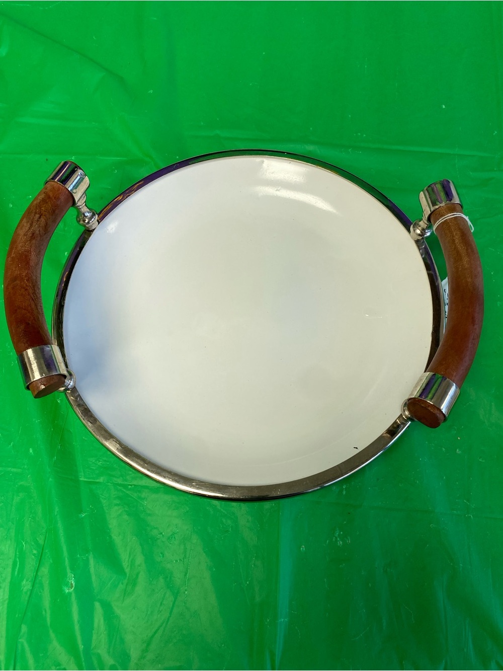 White Ceramic Round Serving Tray with Wooden Handles